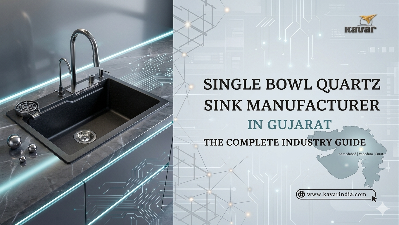 Single bowl quartz sink installation in Gujarat kitchen