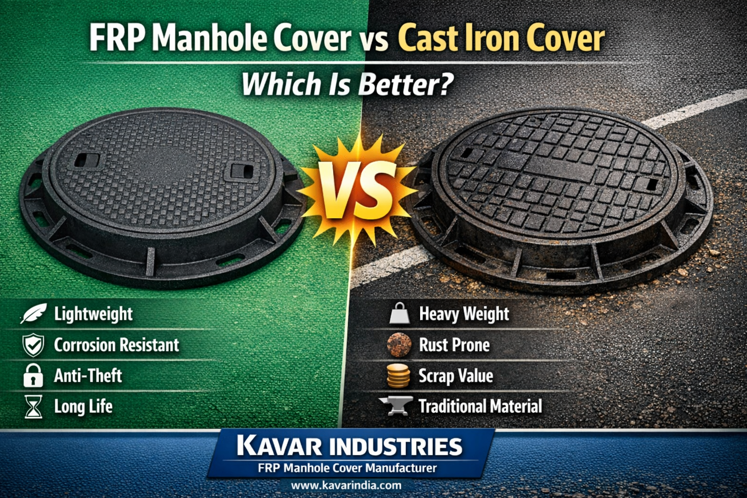 FRP manhole cover vs cast iron manhole cover comparison – Kavar India